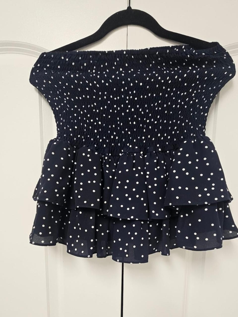 Navy Polka Dot Smocked Strapless Ruffle Top (With Free A GIFT)